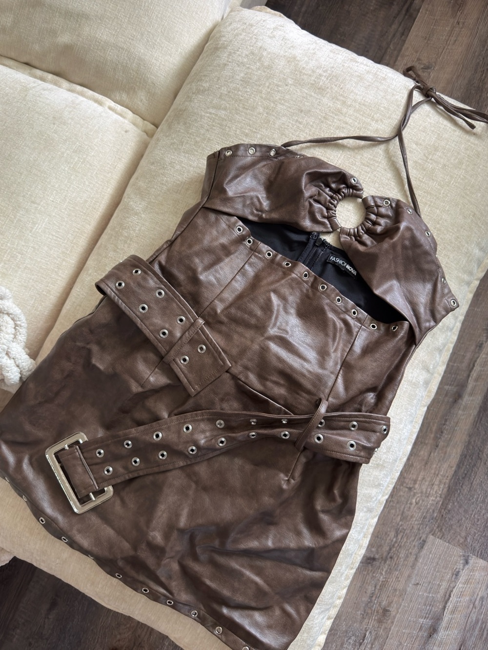 Fashion Nova Brown Faux-Leather Halter Dress